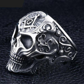 Master Mason Blue Lodge Ring - Gothic Skull Motif Silver - Bricks Masons