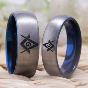 Master Mason Blue Lodge Ring - Silver With Blue Tungsten Personalizable - Bricks Masons