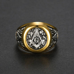 Master Mason Blue Lodge Ring - Square and Compass G Gold Crystal Plated - Bricks Masons