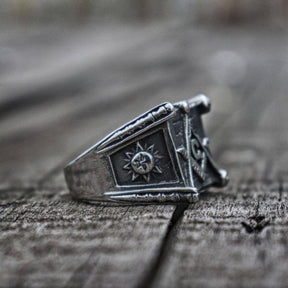 Master Mason Blue Lodge Ring - Square & Compass G/Sun and Moon Stainless Steel - Bricks Masons