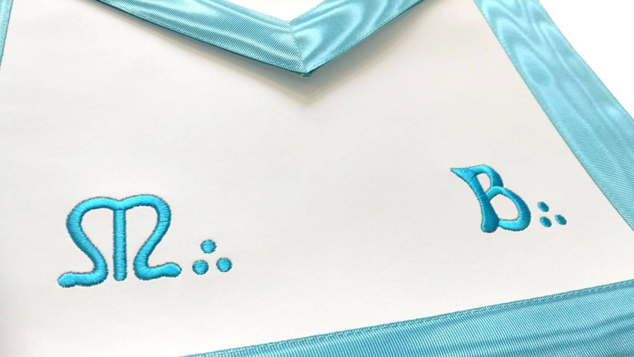 Master Mason French Rite Apron - White & Sky Blue Moire Machine Embroidery - Bricks Masons
