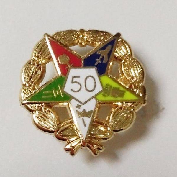 OES Lapel Pin - Eastern Star 50 Year Service With Wreath - Bricks Masons