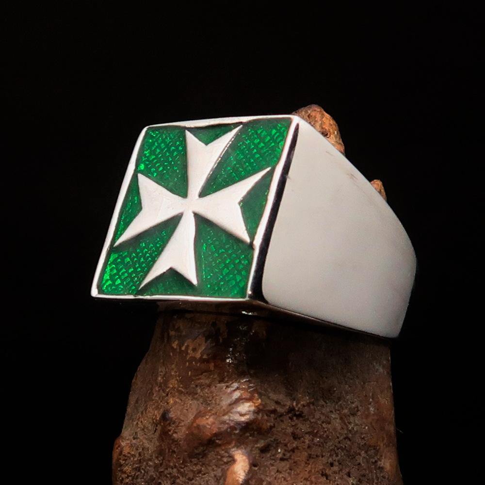 Order of Malta Ring - Green & Silver Cross Sterling Silver - Bricks Masons