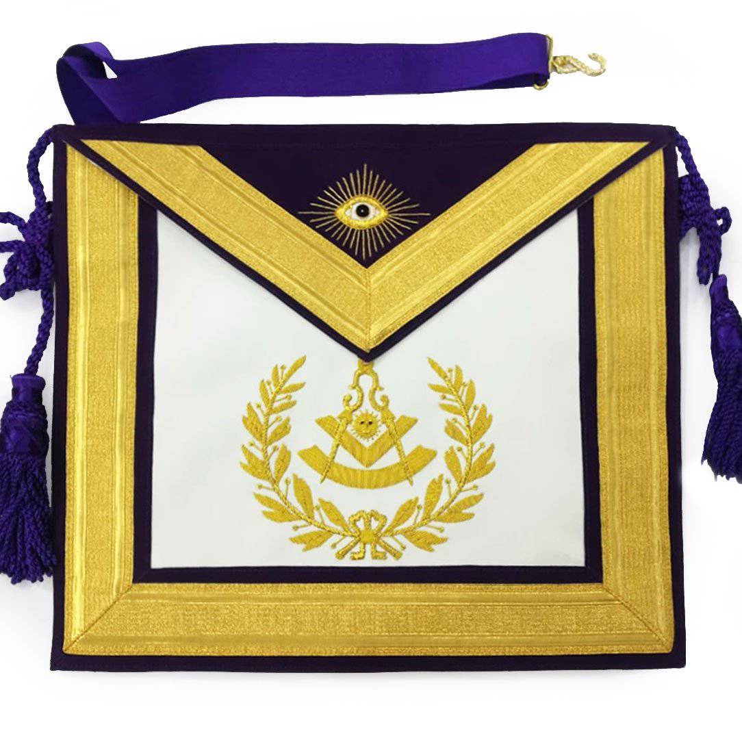 Past Master Blue Lodge Apron - Gold & Purple Hand Embroidery - Bricks Masons