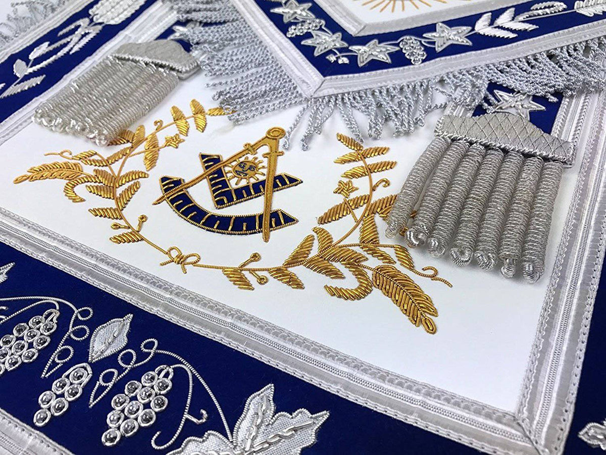 Past Master Blue Lodge Apron - White & Blue Hand Embroidery - Bricks Masons