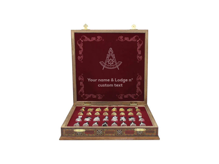 Past Master Blue Lodge California Regulation Chess Set - Wood Mosaic Pattern - Bricks Masons