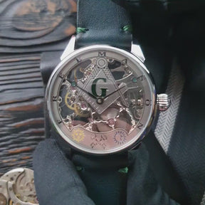 Master Mason Blue Lodge Wristwatch -  Silver Skeleton Dial Intricate Detailing