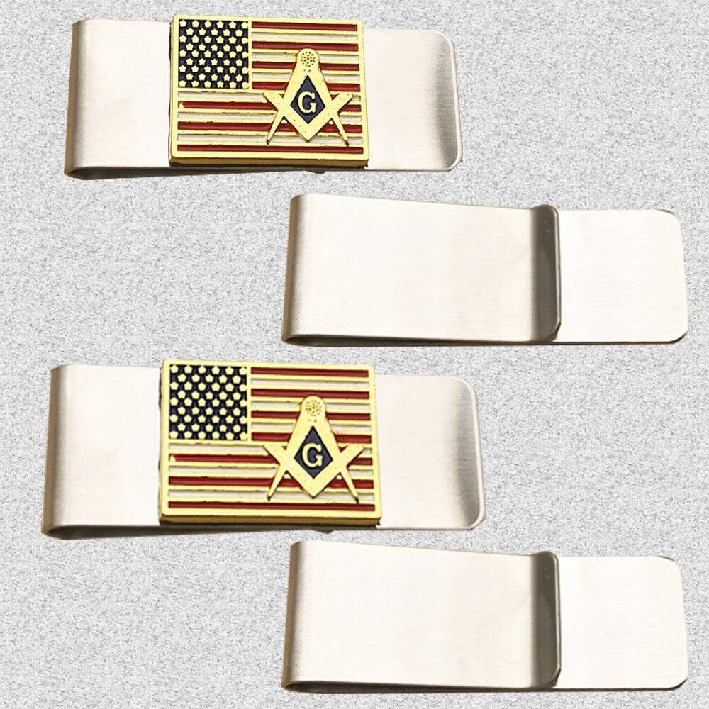 Master Mason Blue Lodge Money Clip - Square and Compass G American Flag Credit Card Holder