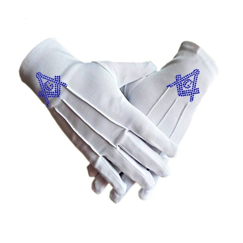 Master Mason Blue Lodge Gloves - Polyester With Square and Compass G Rhinestone