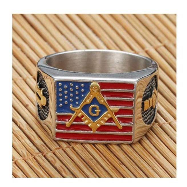 Master Mason Blue Lodge Ring - Compass and Square G USA Flag