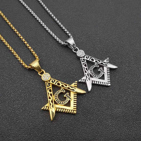 Master Mason Blue Lodge Necklace - Crystal Square & Compass G [Gold & Silver]