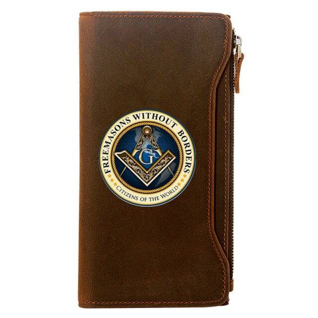 Master Mason Blue Lodge Wallet - Genuine Leather Free and Accepted Phone Bag Zipper & Card Holder Brown