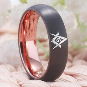 Master Mason Blue Lodge Ring - Gunmetal With Rose Gold Tungsten Personalizable