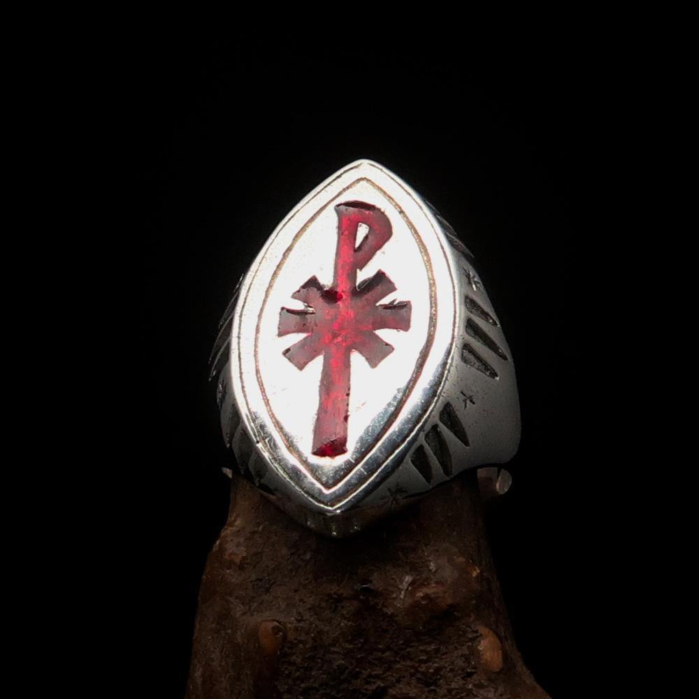 Red Cross Of Constantine Ring - Silver & Red Chi Rho Christogram Sterling Silver - Bricks Masons