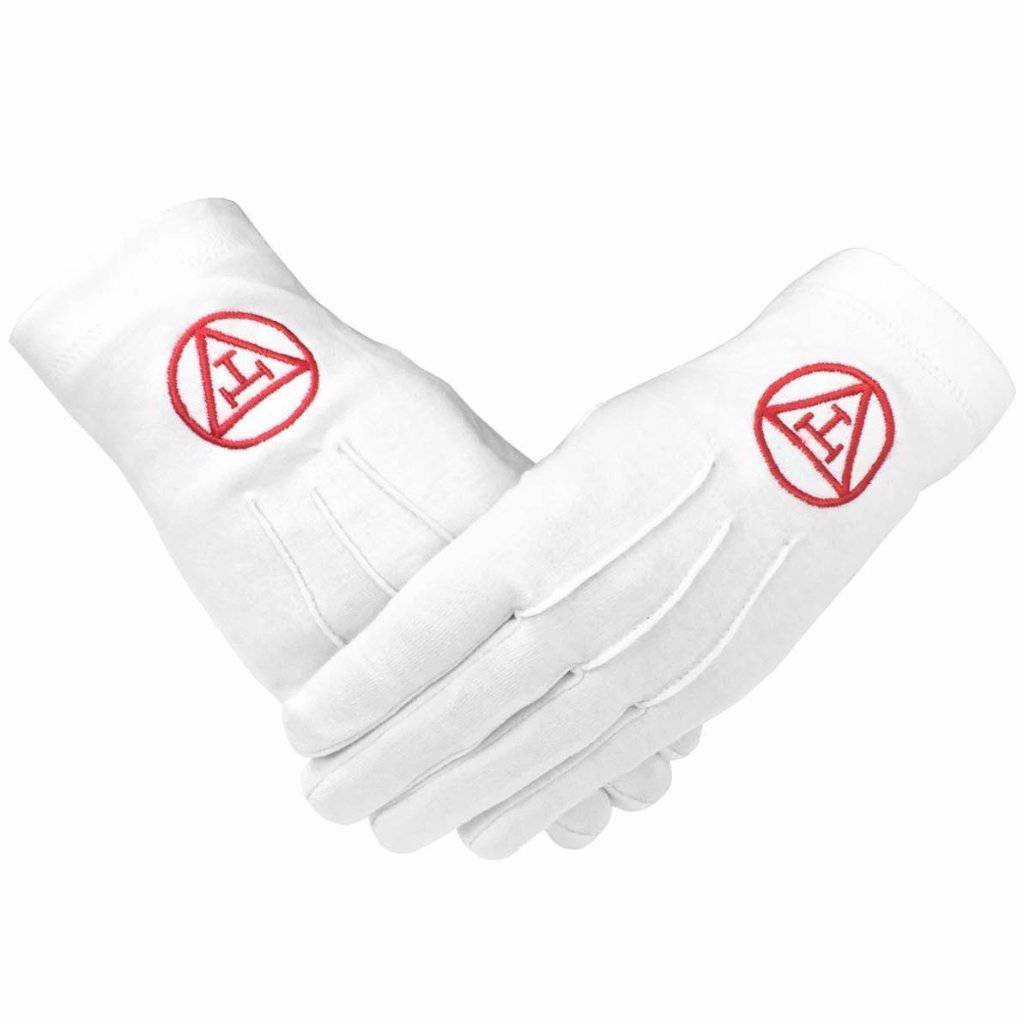 Royal Arch Chapter Gloves - White Cotton with Red Triple Tau Insignia - Bricks Masons