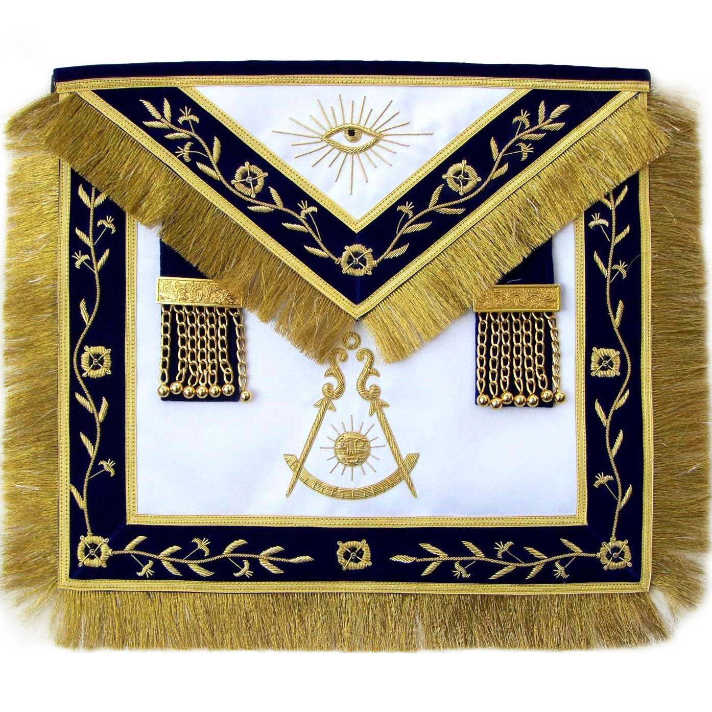 Past Master Blue Lodge Apron - Golden Vinework & Fringe Tassels Hand Embroidery