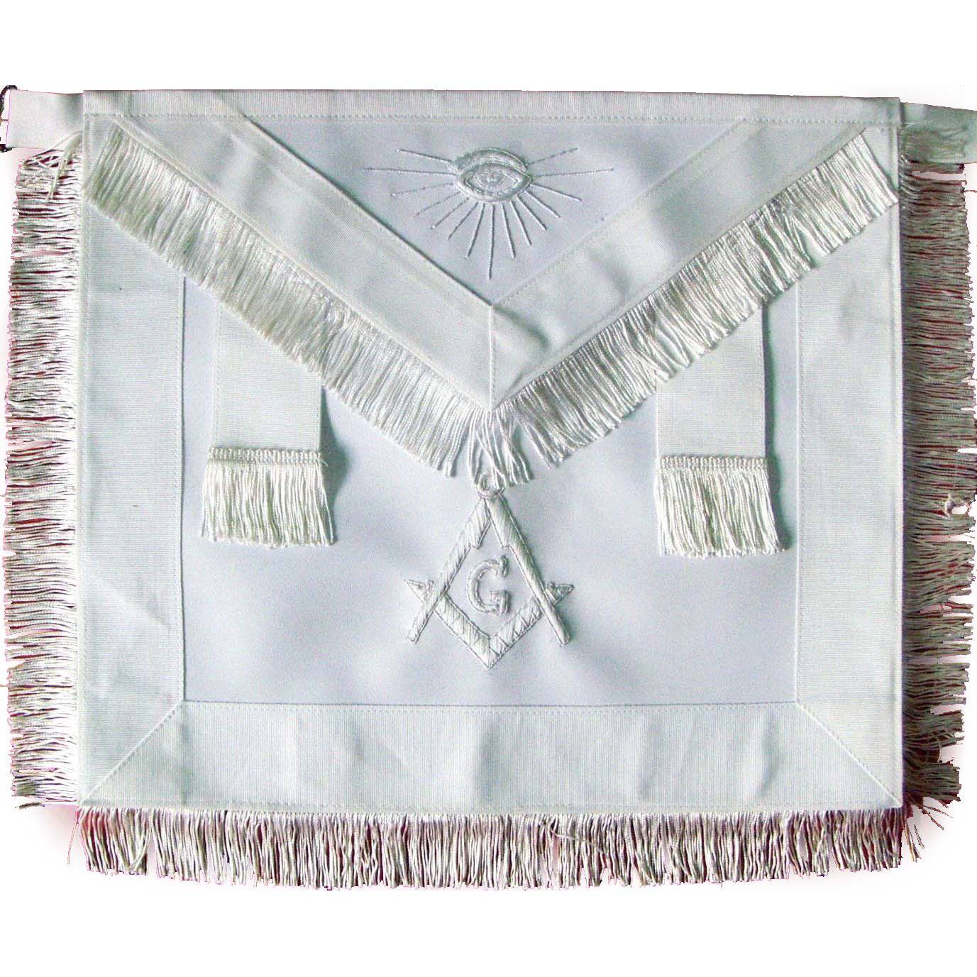 Master Mason Blue Lodge Apron - All White Ribbon with White Fringe