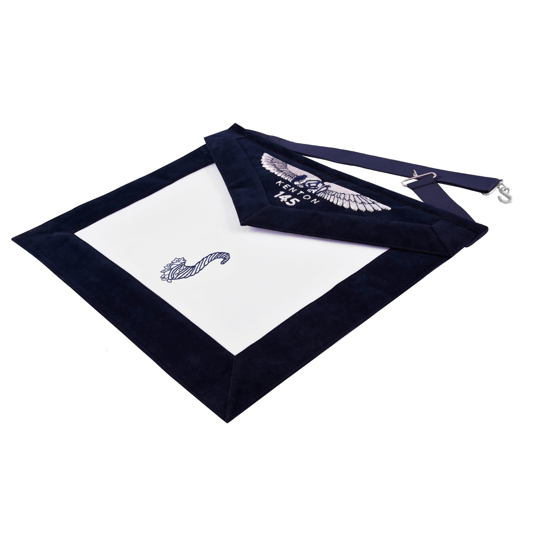 Senior Steward Blue Lodge Officer Apron - Kenton Lodge Navy Velvet With Silver Embroidery Thread - Bricks Masons