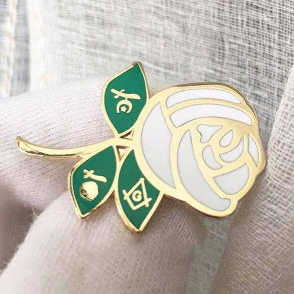 Shriners Lapel Pin - Square and Compass G White Rose - Bricks Masons