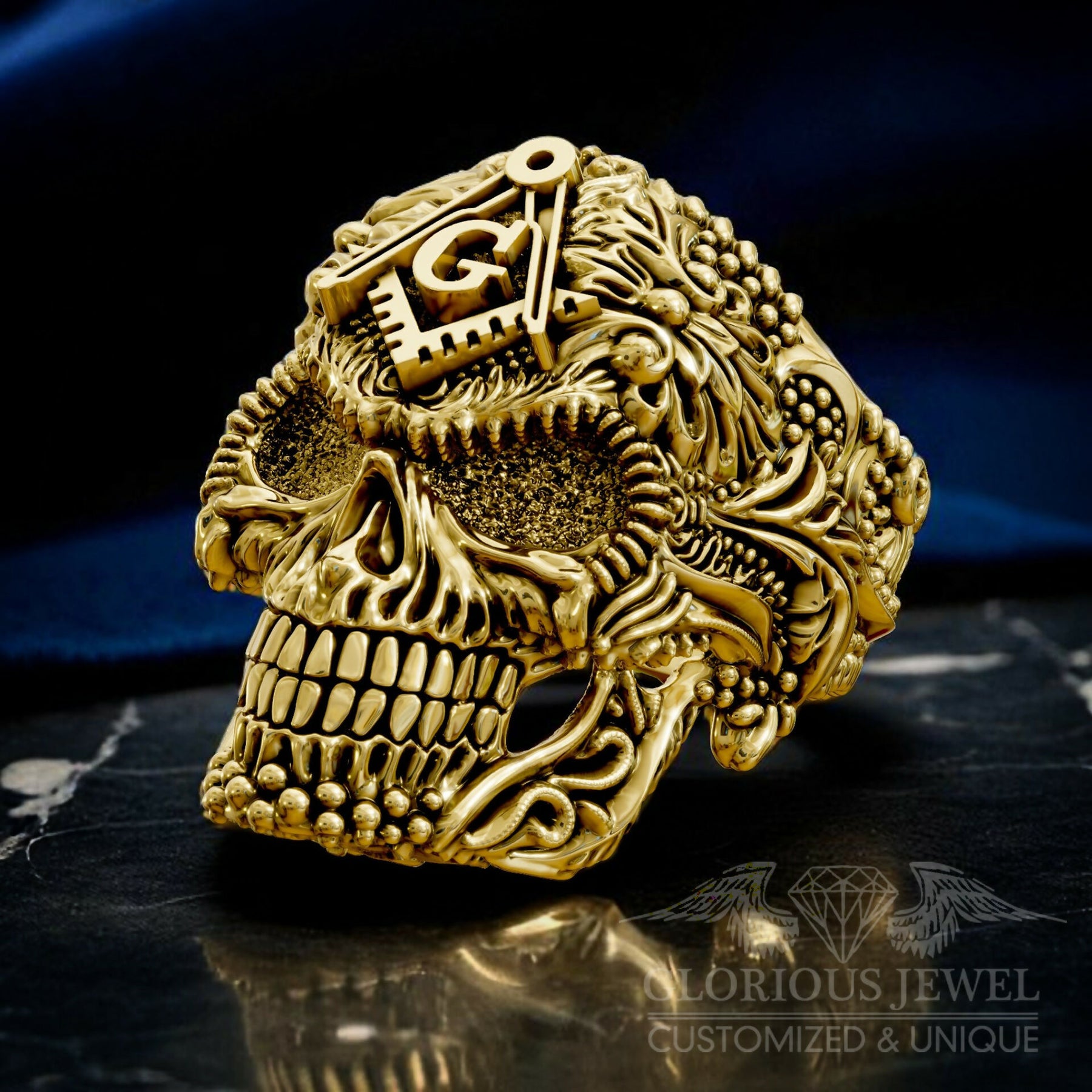 Master Mason Blue Lodge Ring - Skull Square & Compass G Various Materials - Bricks Masons