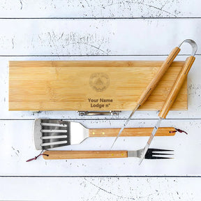 Grand Master Blue Lodge Grill Tool - BBQ Set & Bamboo Case - Bricks Masons