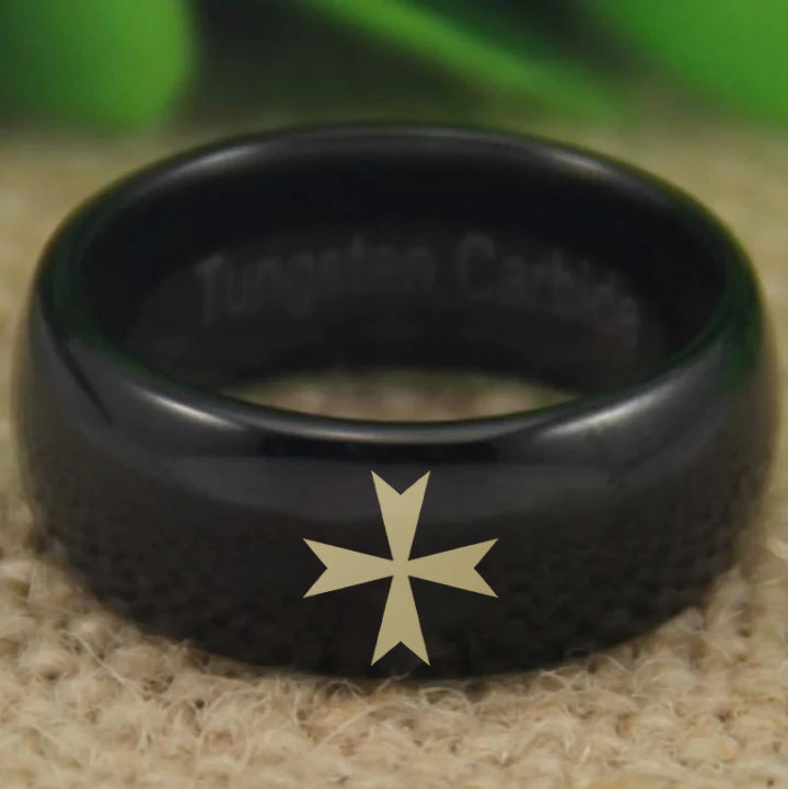 Order of Malta Commandery Ring - Black Dome Tungsten - Bricks Masons