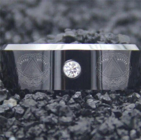 Grand Master Blue Lodge Ring - Black Silver Bevel With CZ Stone - Bricks Masons