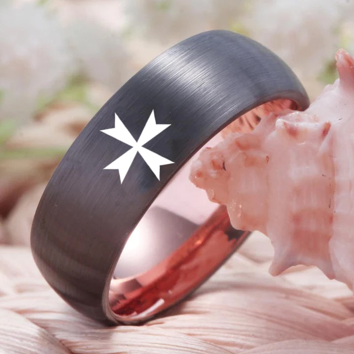 Order of Malta Commandery Ring - Gunmetal With Rose Gold Tungsten - Bricks Masons