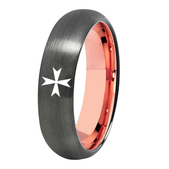 Order of Malta Commandery Ring - Gunmetal With Rose Gold Tungsten - Bricks Masons