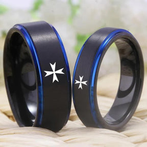 Order of Malta Commandery Ring - Black Blue Tungsten - Bricks Masons