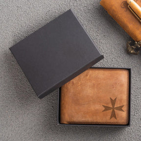 Order Of Malta Commandery Wallet - Handmade Leather Light & Dark Brown - Bricks Masons