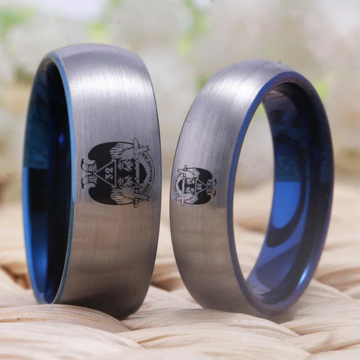 32nd Degree Scottish Rite Ring - Wings Down Silver With Blue Tungsten - Bricks Masons