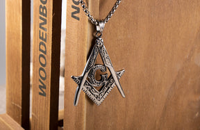 Master Mason Blue Lodge Necklace - Silver Titanium Steel Square & Compass G - Bricks Masons