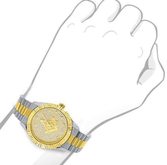 Gold & Silver Masonic Iced Out Metal Watch - Bricks Masons