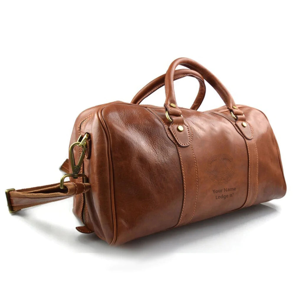Grand Master Blue Lodge Travel Bag - Genuine Matte Brown Leather - Bricks Masons