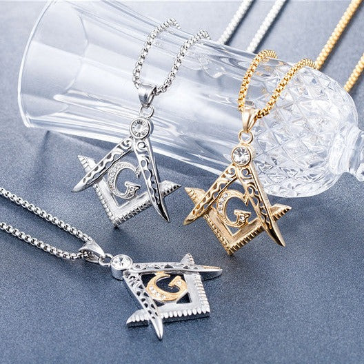 MASTER MASON BLUE LODGE NECKLACE - SILVER & GOLD ALL CRYSTAL SQUARE & COMPASS G - Bricks Masons