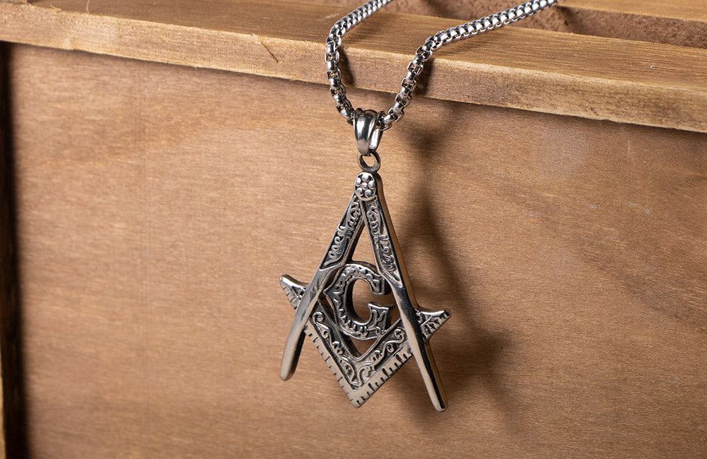 Master Mason Blue Lodge Necklace - Silver Titanium Steel Square & Compass G - Bricks Masons