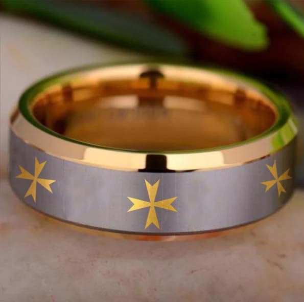 Order of Malta Commandery  Ring - Gold Beveled Tungsten - Bricks Masons