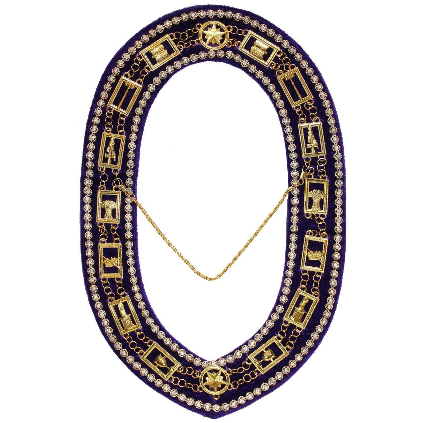 OES Chain Collar - Gold Plated with Rhinestones on Purple Velvet - Bricks Masons